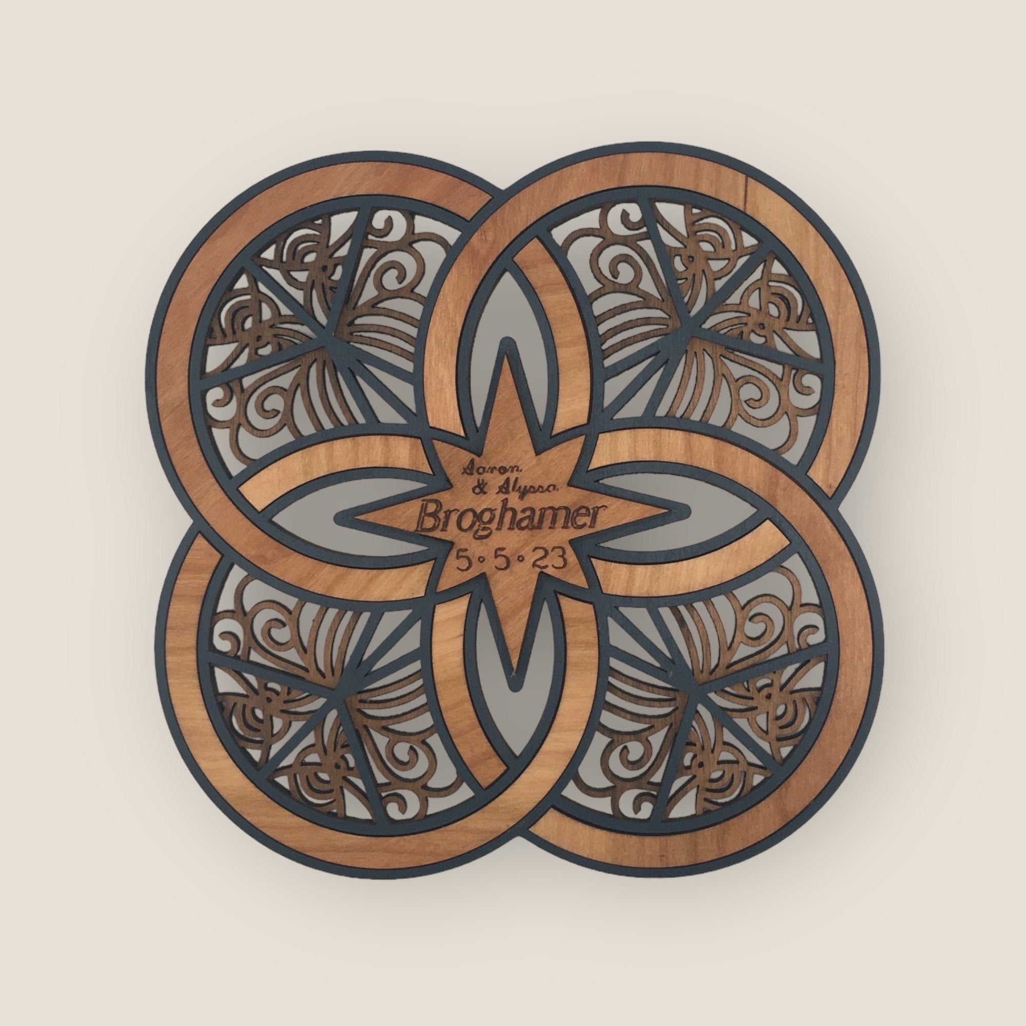 Personalized Double Wedding Ring Wall Art: Engraved Wood Newlywed Gift - Stitches and Wood
