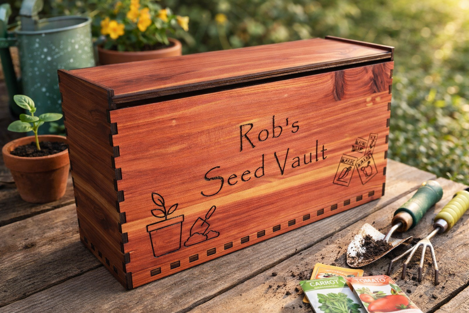 Personalized cedar seed storage box with dividers for garden organization, featuring a rustic wood finish.