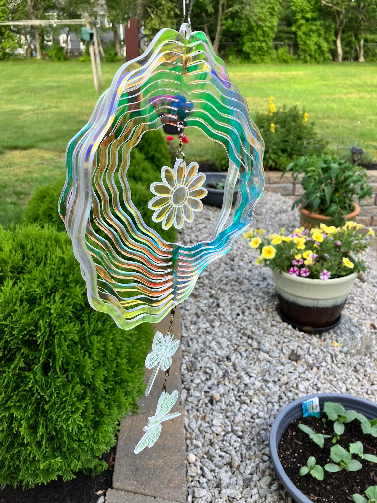 Iridescent Dragonfly Wind Spinner: Hanging Garden Decoration - Stitches and Wood
