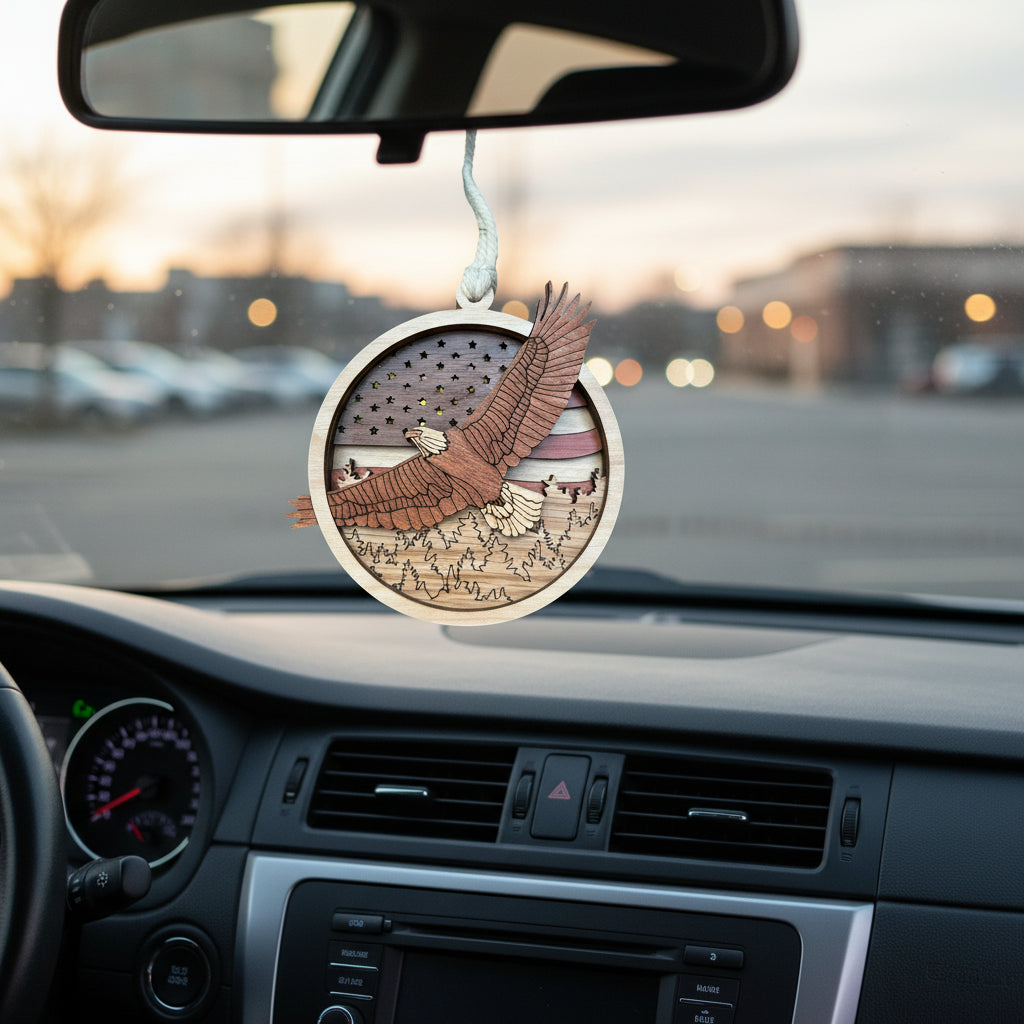 patriotic ornament hanging from car rear view mirror