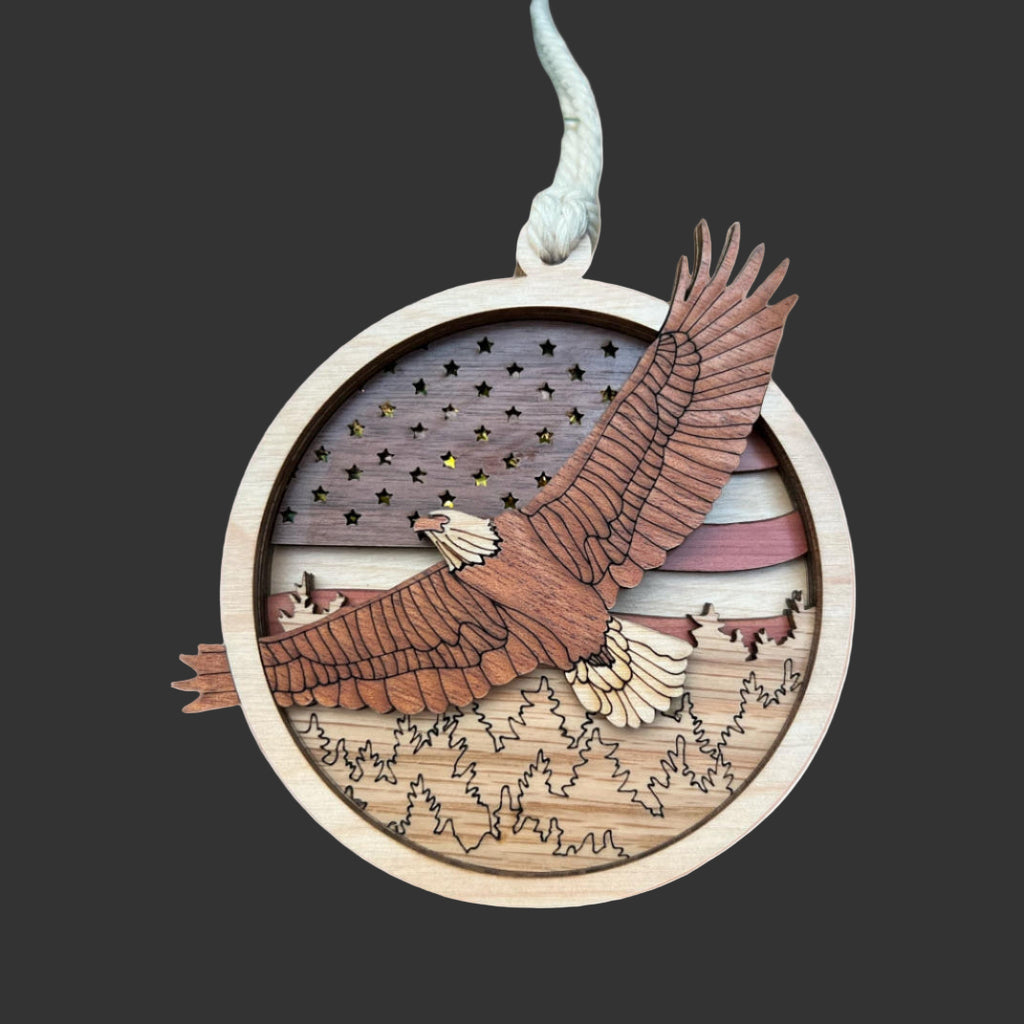 Patriotic Wooden Eagle Ornament – Laser Cut 3D Layered USA Flag Christmas Decor