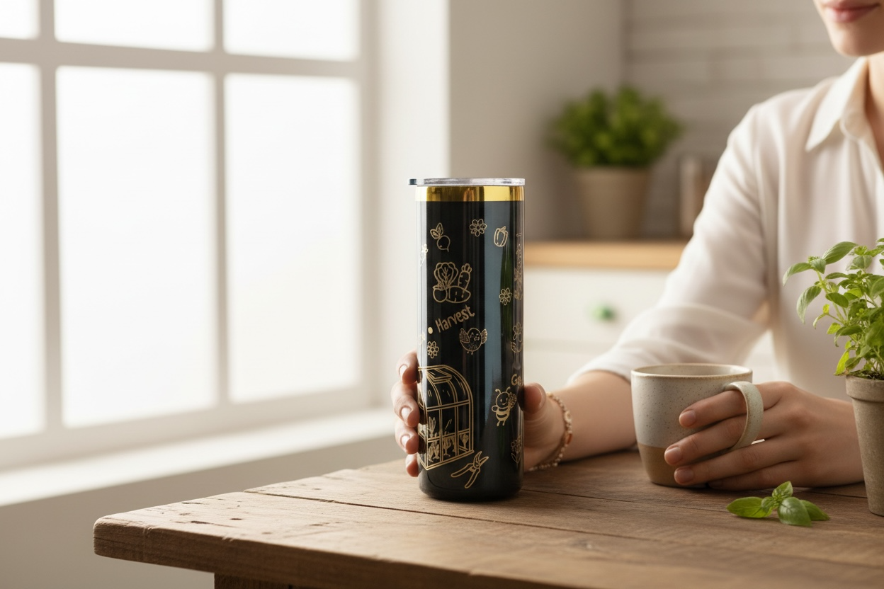 Person holding a black tumbler with gold designs on a wooden table.