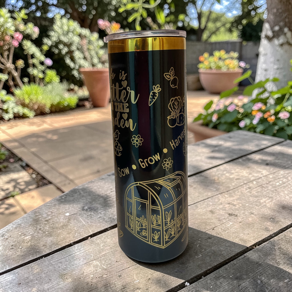 Tumbler with garden-themed design on a wooden table outdoors