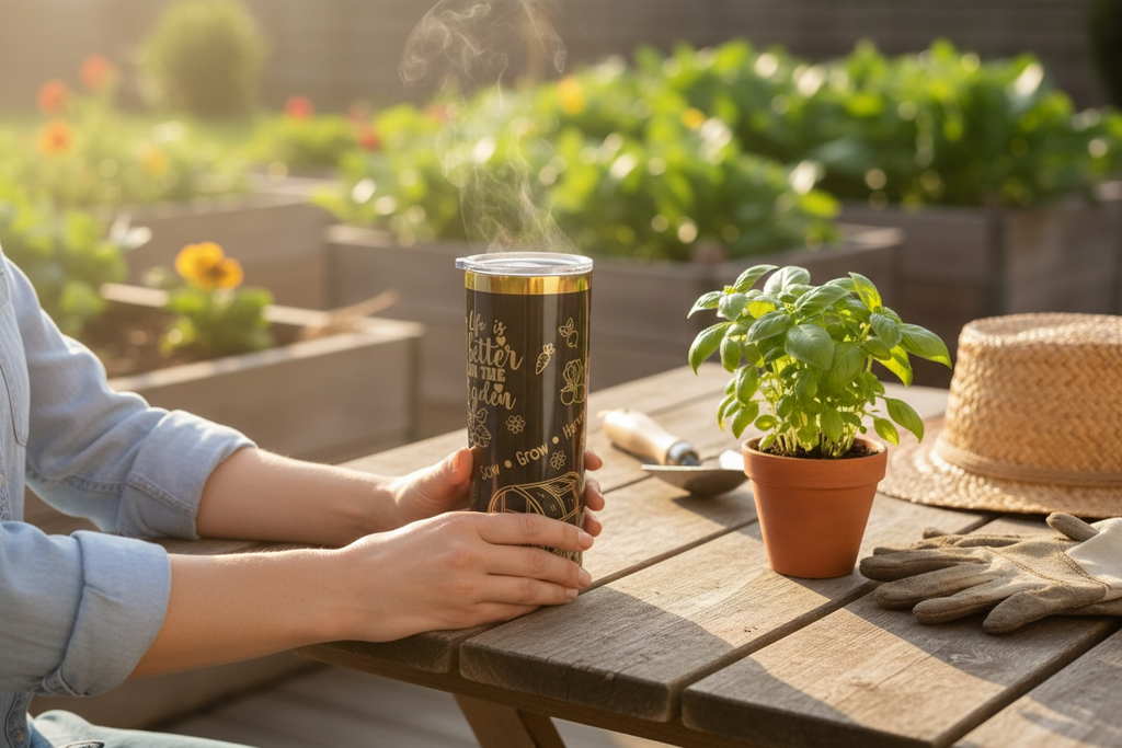 Person holding a tumbler with a garden setting in the background