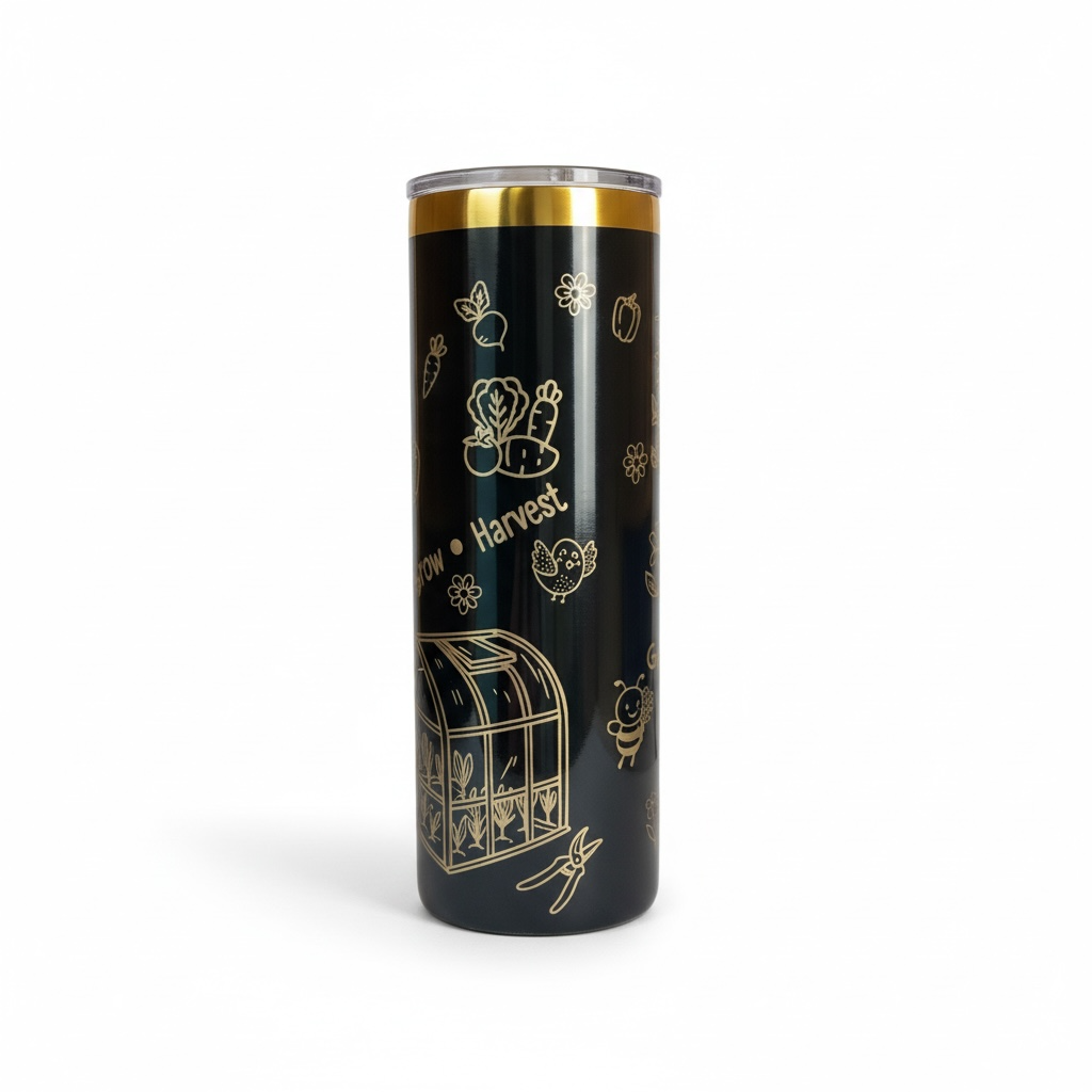 Black tumbler with gold garden illustrations and text on a gold background