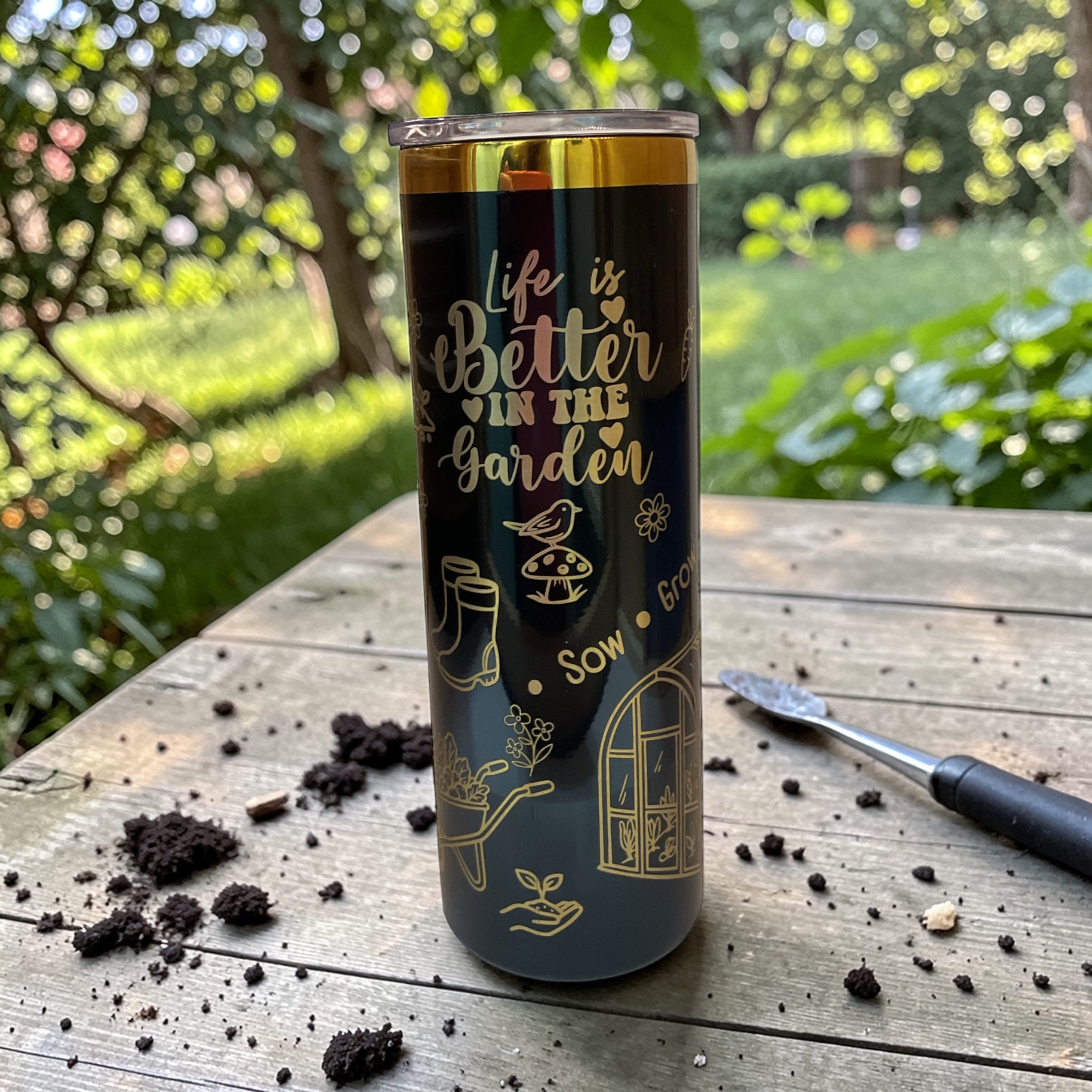 Personalized Garden Lover 20oz tumbler from Stitches and Wood, featuring garden-themed design perfect for gardening enthusiasts