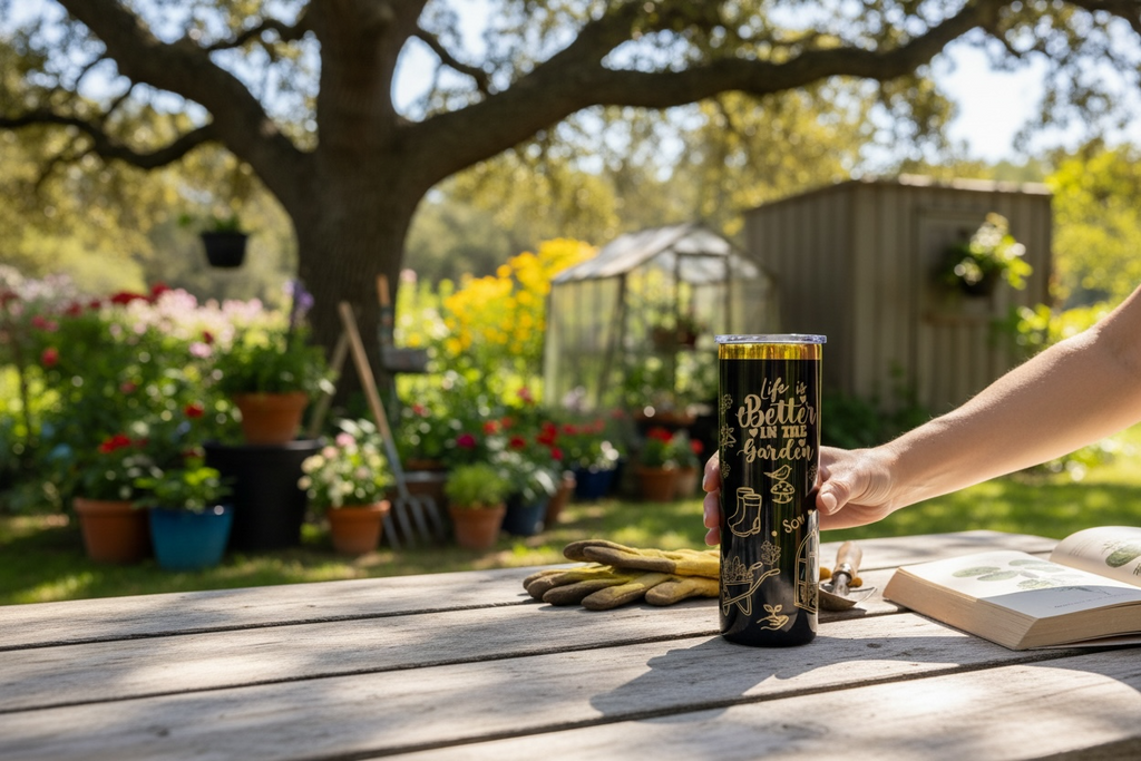 Person holding a tumbler on a garden table with a garden and greenhouse in the background