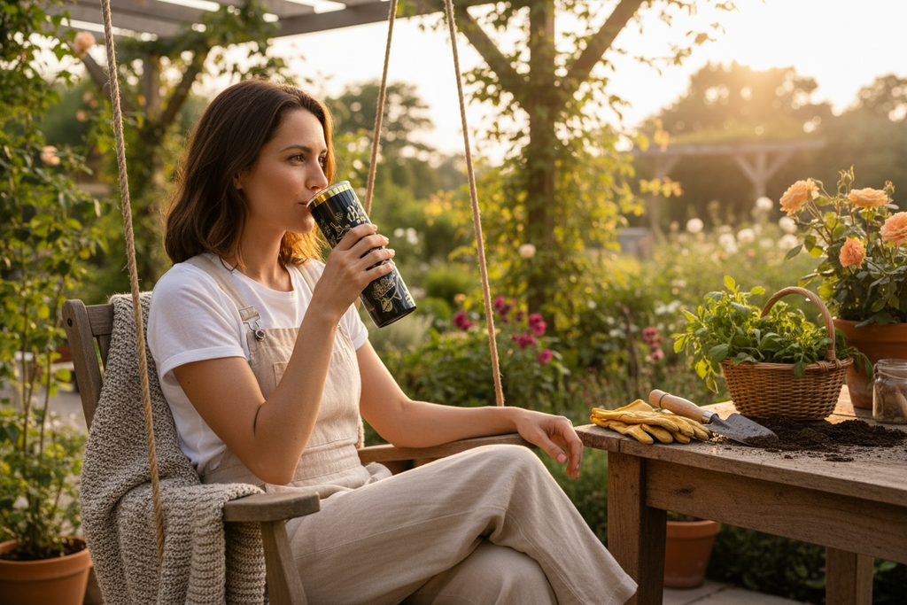 Woman sitting on a swing in a garden, drinking from a mug.