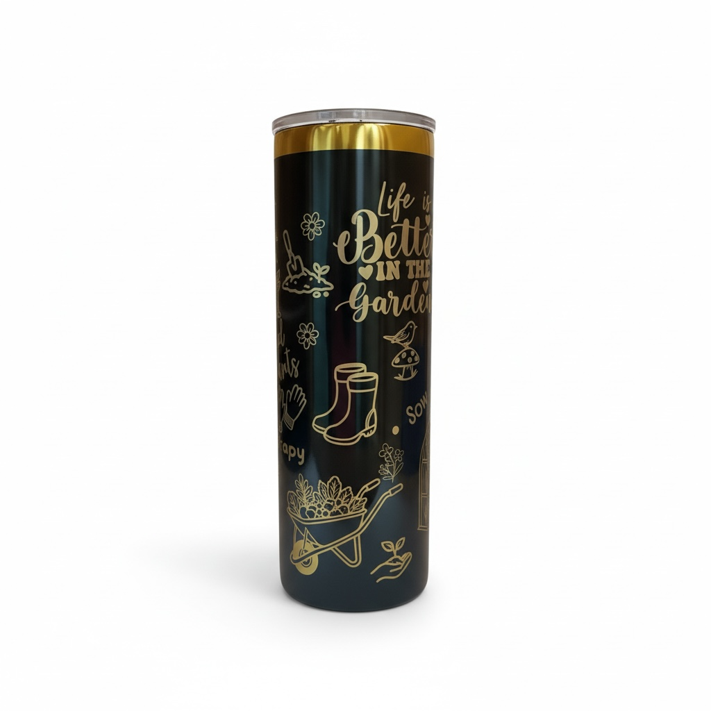 Tumbler with gardening-themed design and 'Life is Better in the Garden' text on a white background