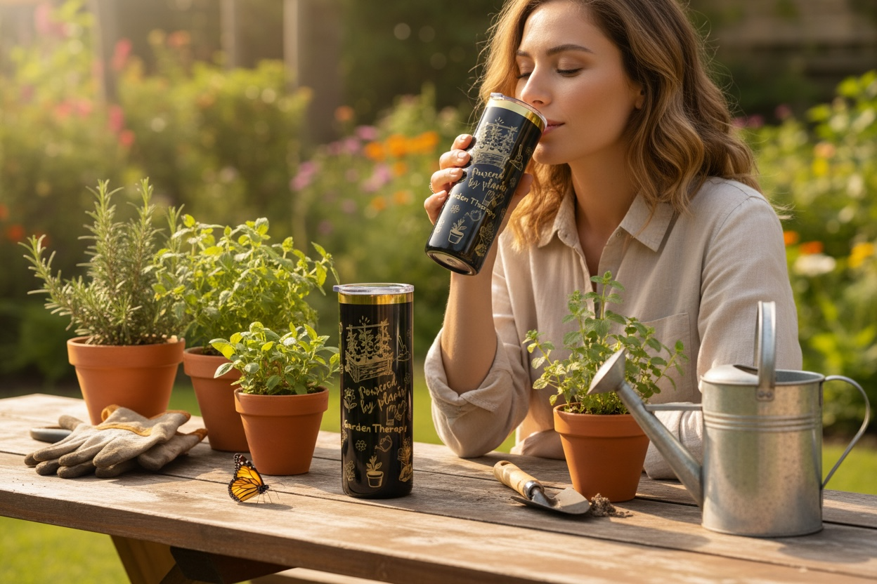 Woman drinking from a insulated tumbler in a garden setting