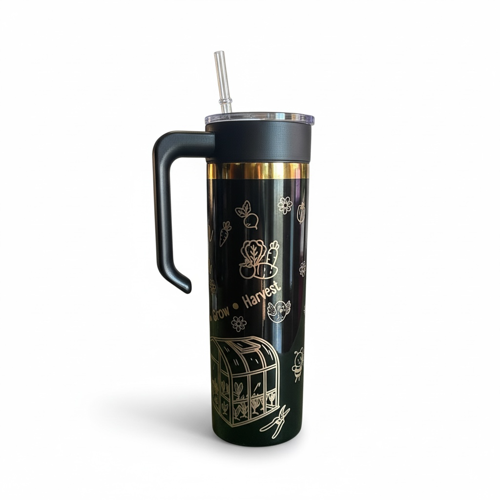 Black insulated mug with gold designs and handle on a white background