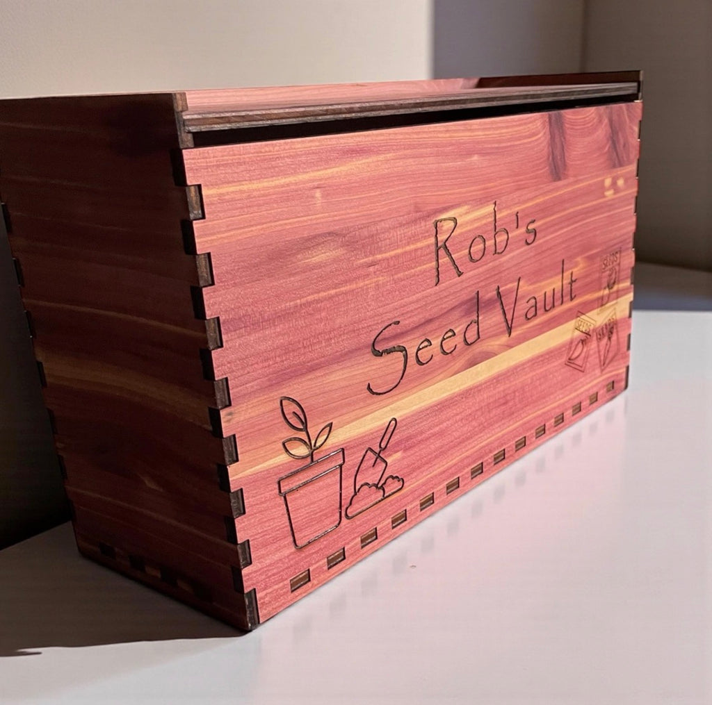 Personalized cedar seed storage box by stitchesandwood, featuring dividers for organized gardening supplies.