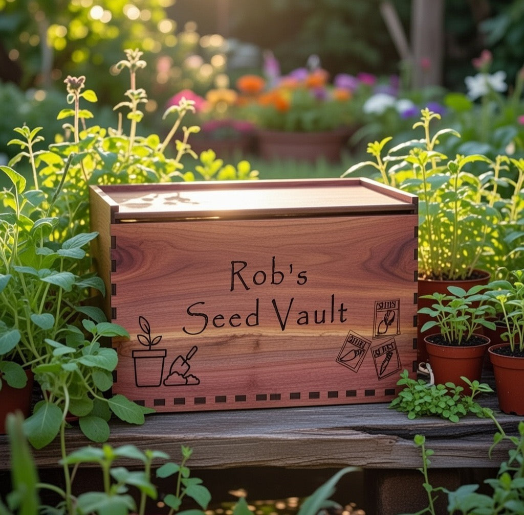 Personalized cedar seed storage box with dividers, featuring a rustic design for organized gardening supplies.