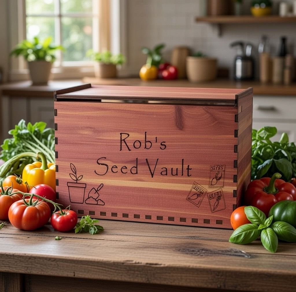 Personalized cedar seed storage box with dividers, perfect garden organizer from Stitches and Wood.