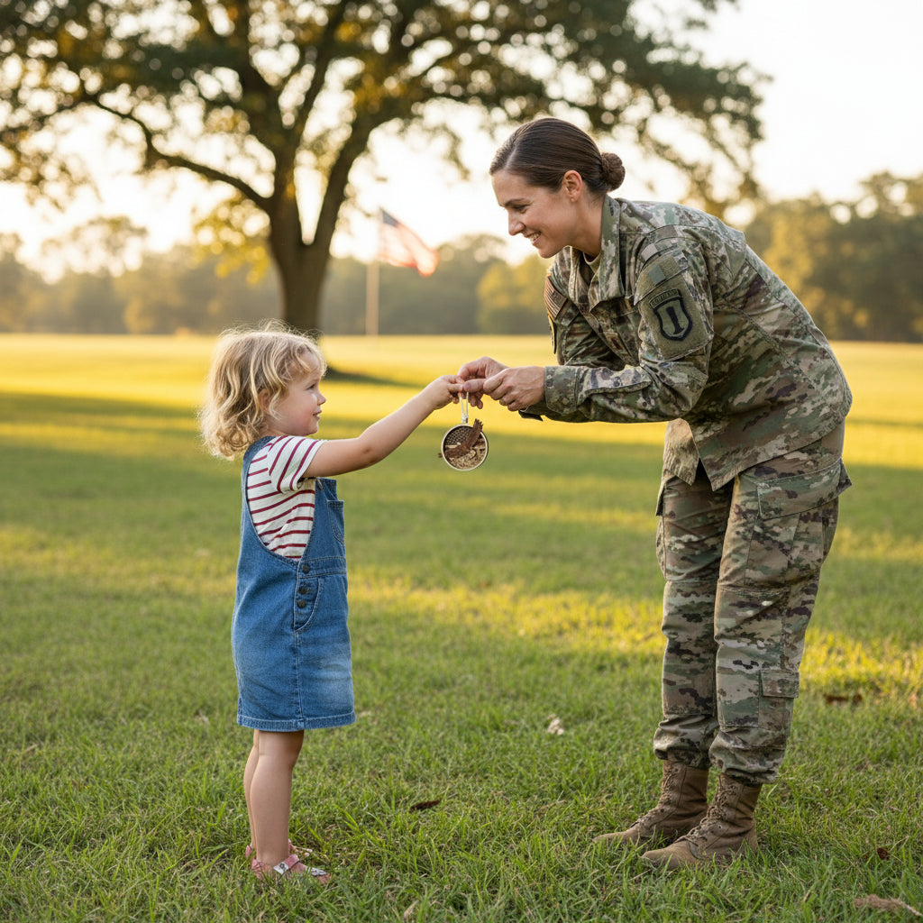 child handing a veteran the eagle and us flag ornament