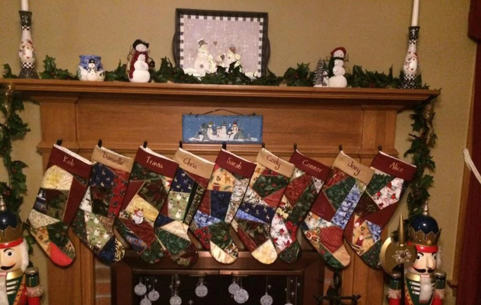Quilted red and green Christmas stocking close-up