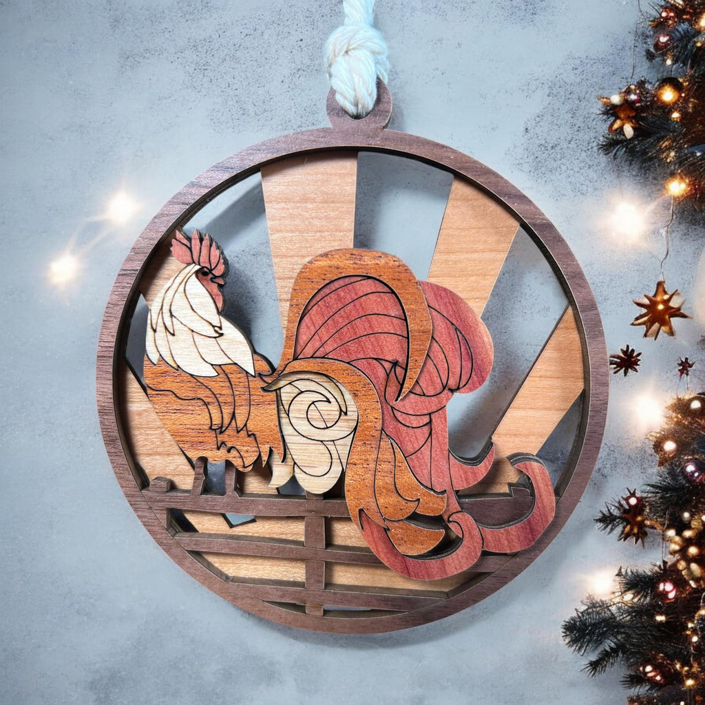 Wooden Rooster Ornament – Laser Cut 3D Farmhouse Sunrise Christmas Decor