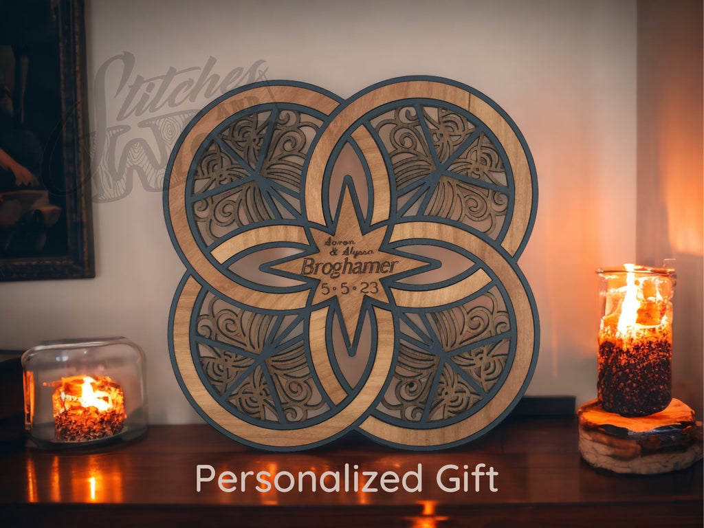 Personalized Double Wedding Ring Wall Art: Engraved Wood Newlywed Gift - Stitches and Wood