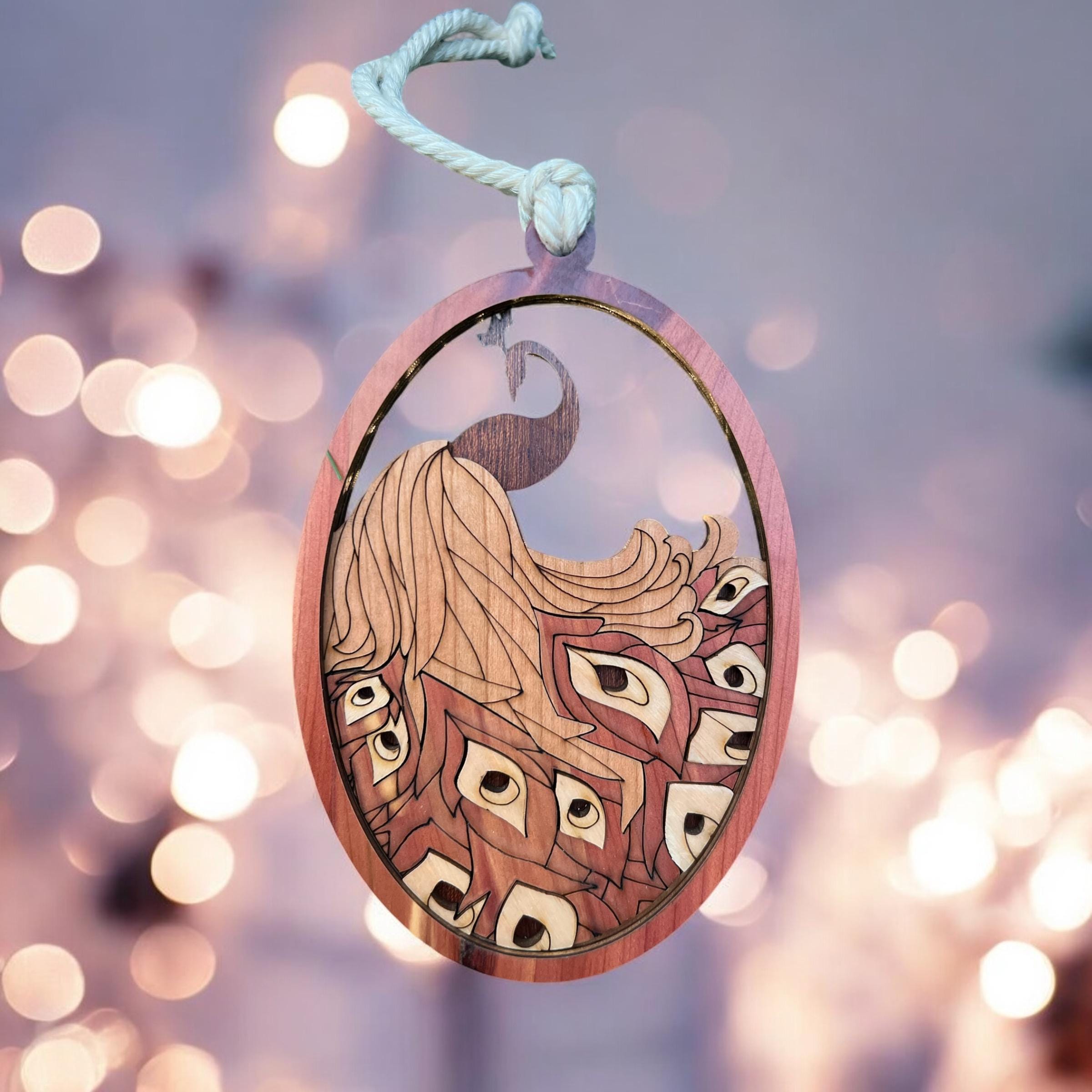 Decorative pendant with intricate design on a blurred lights background