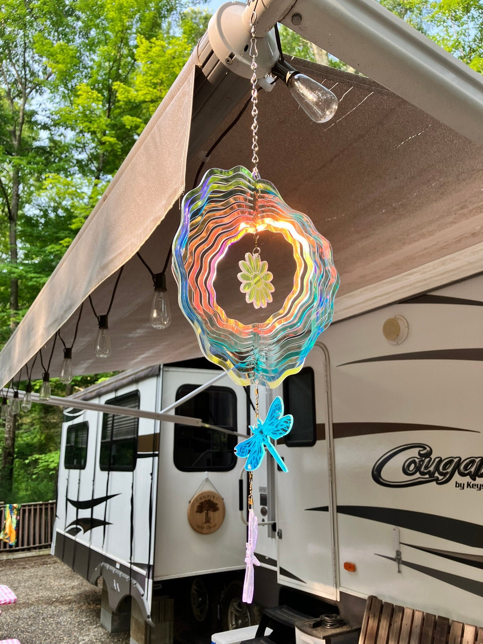 Iridescent Dragonfly Wind Spinner: Hanging Garden Decoration - Stitches and Wood