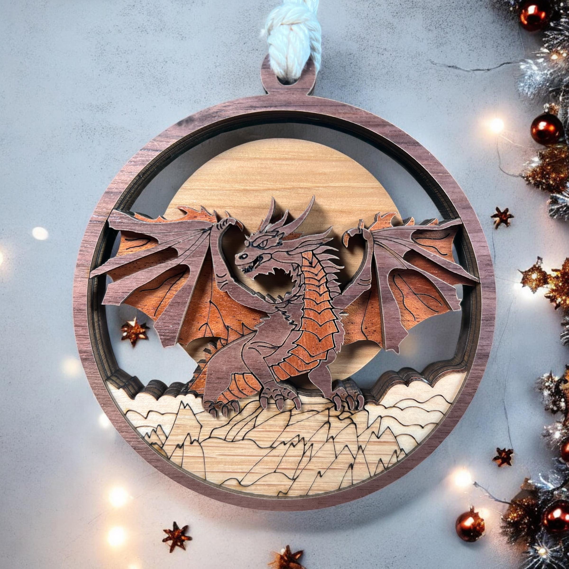 Laser-Cut Wooden Dragon Ornament – Layered Fantasy Christmas Décor for Dragon Lovers