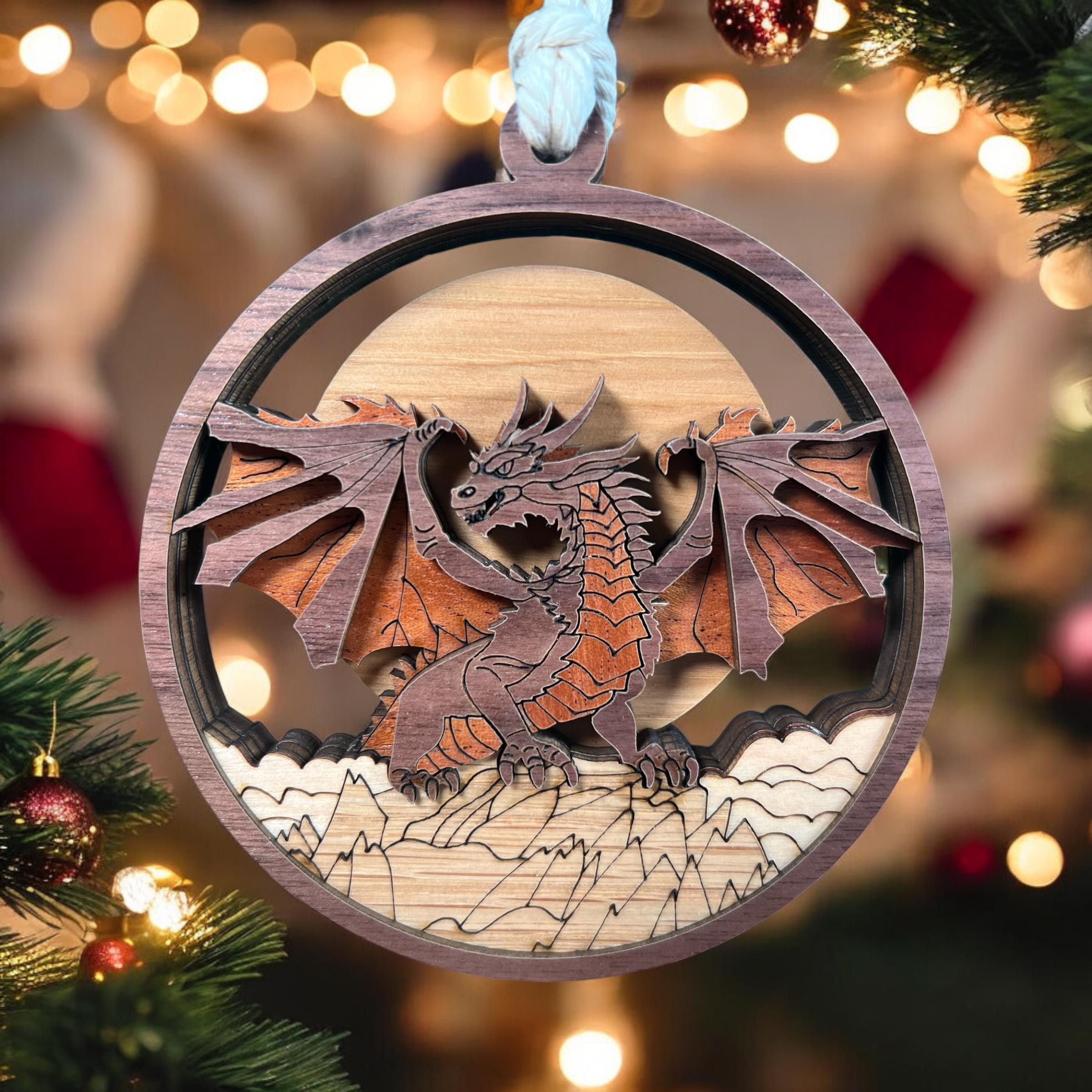Laser-Cut Wooden Dragon Ornament – Layered Fantasy Christmas Décor for Dragon Lovers