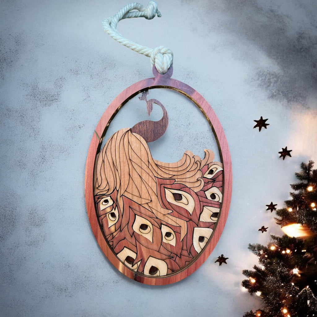 Handmade engraved peacock ornament with natural wood grain