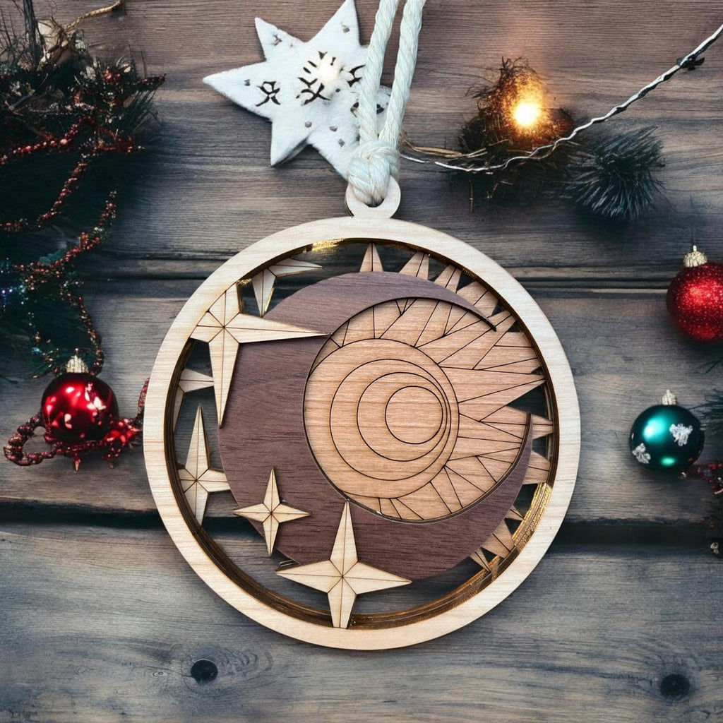 Close-up of handmade wooden celestial ornament with engraved details