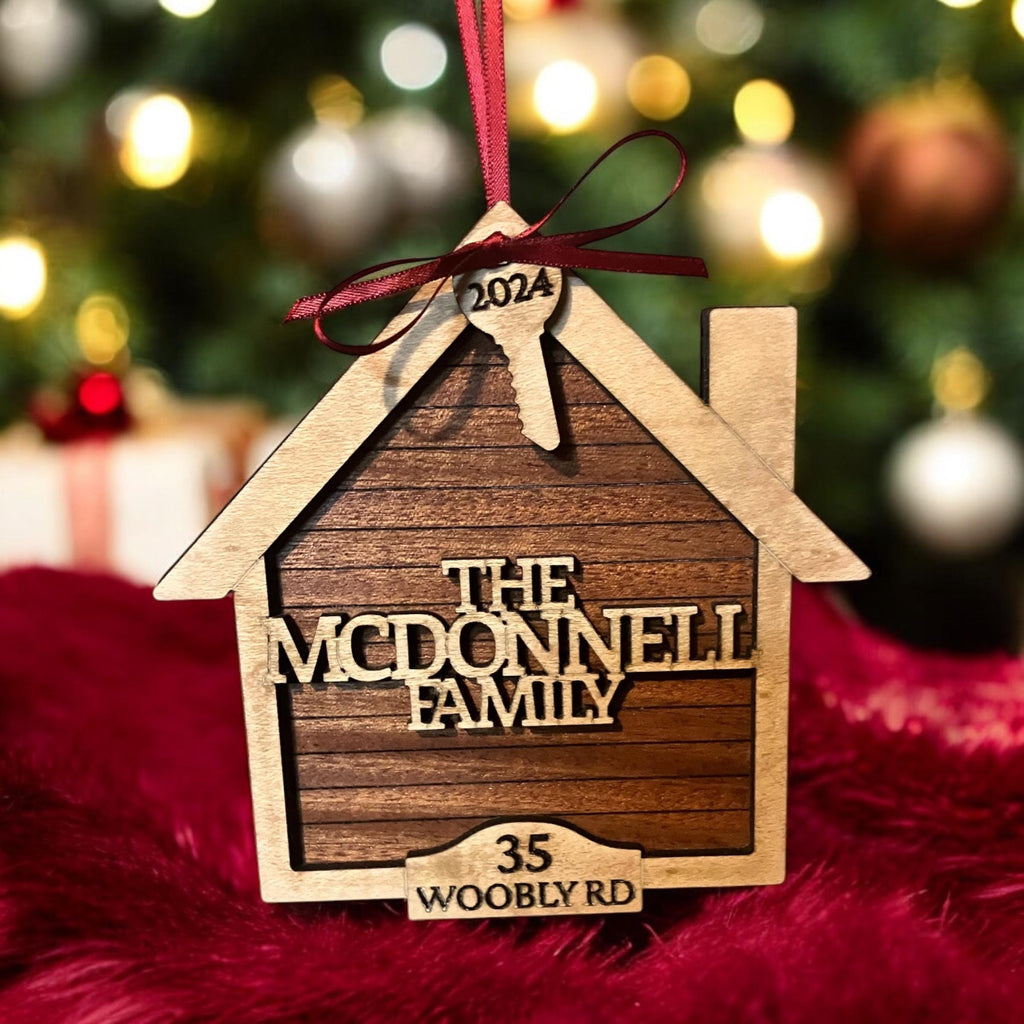 Personalized New Home Ornament – Custom Family Name and Address Wooden House Keepsake