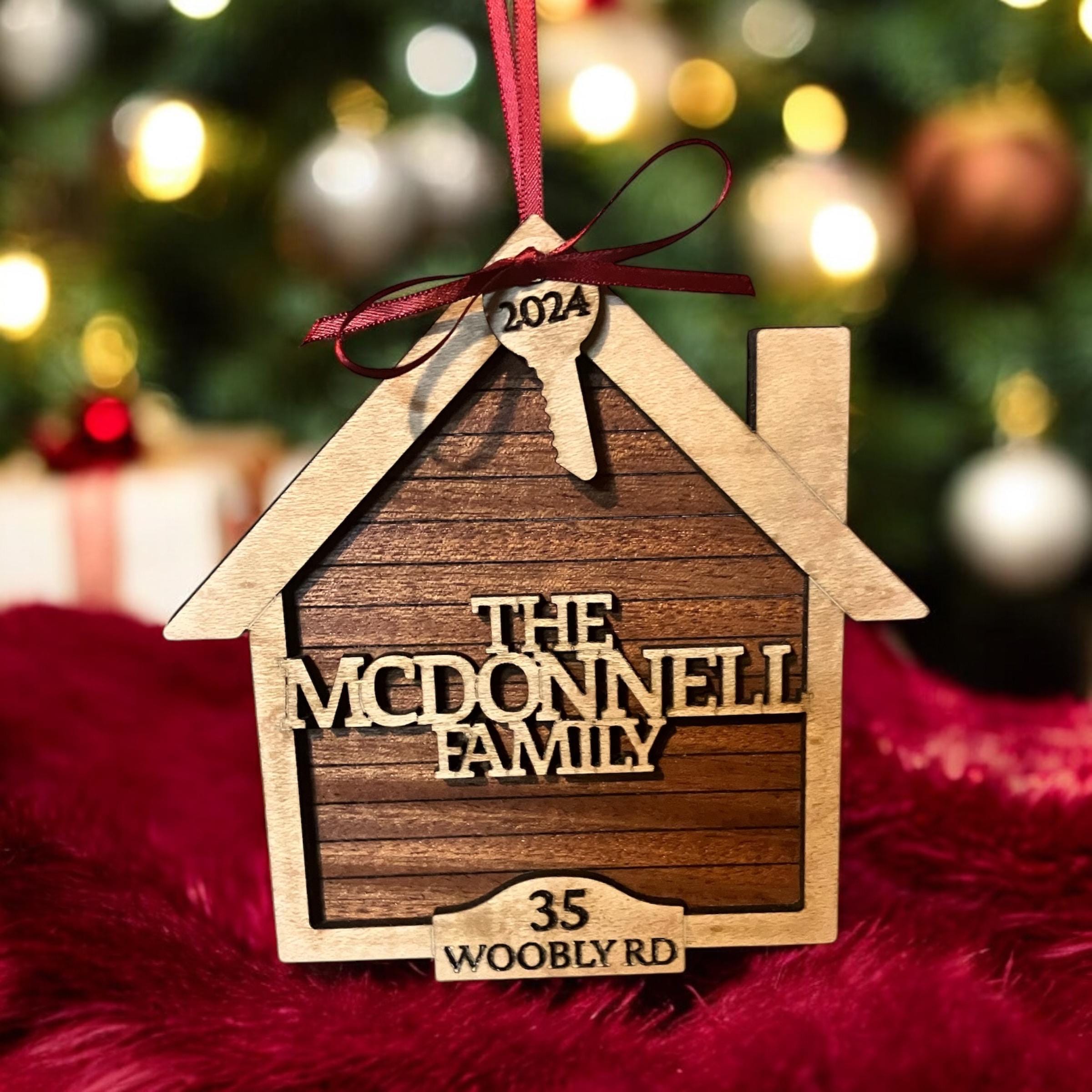 Personalized New Home Ornament – Custom Family Name and Address Wooden House Keepsake