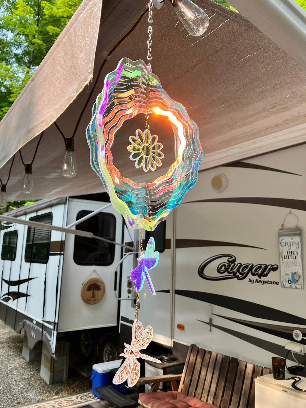 Iridescent Dragonfly Wind Spinner: Hanging Garden Decoration - Stitches and Wood