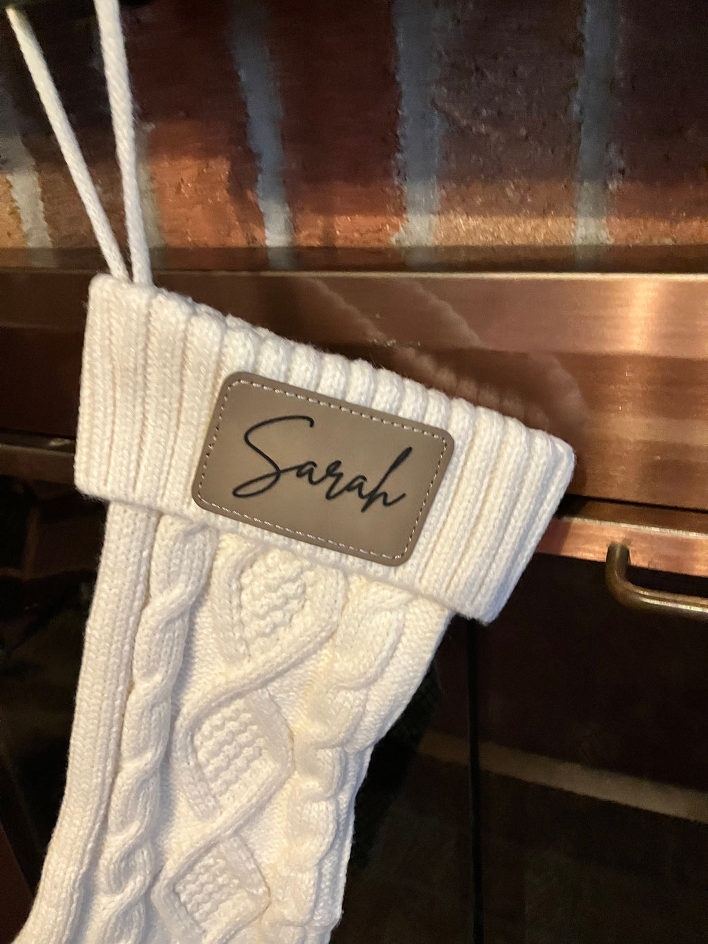 Personalized Knit Christmas Stocking: Engraved Leather Patch