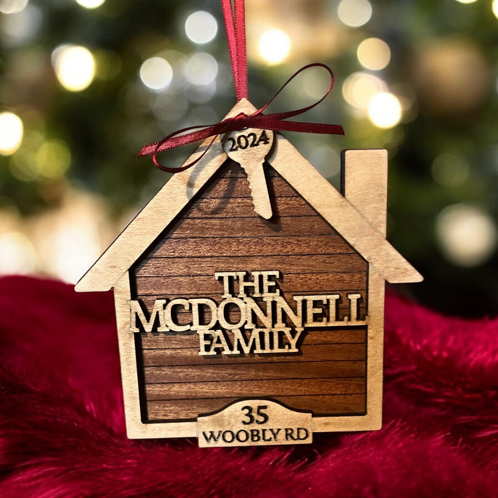 Personalized wooden new home ornament with family name and address