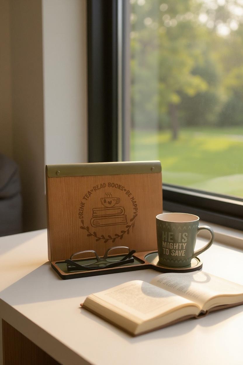 Handmade wooden reading stand engraved with “Drink Tea Read Books Be Happy”