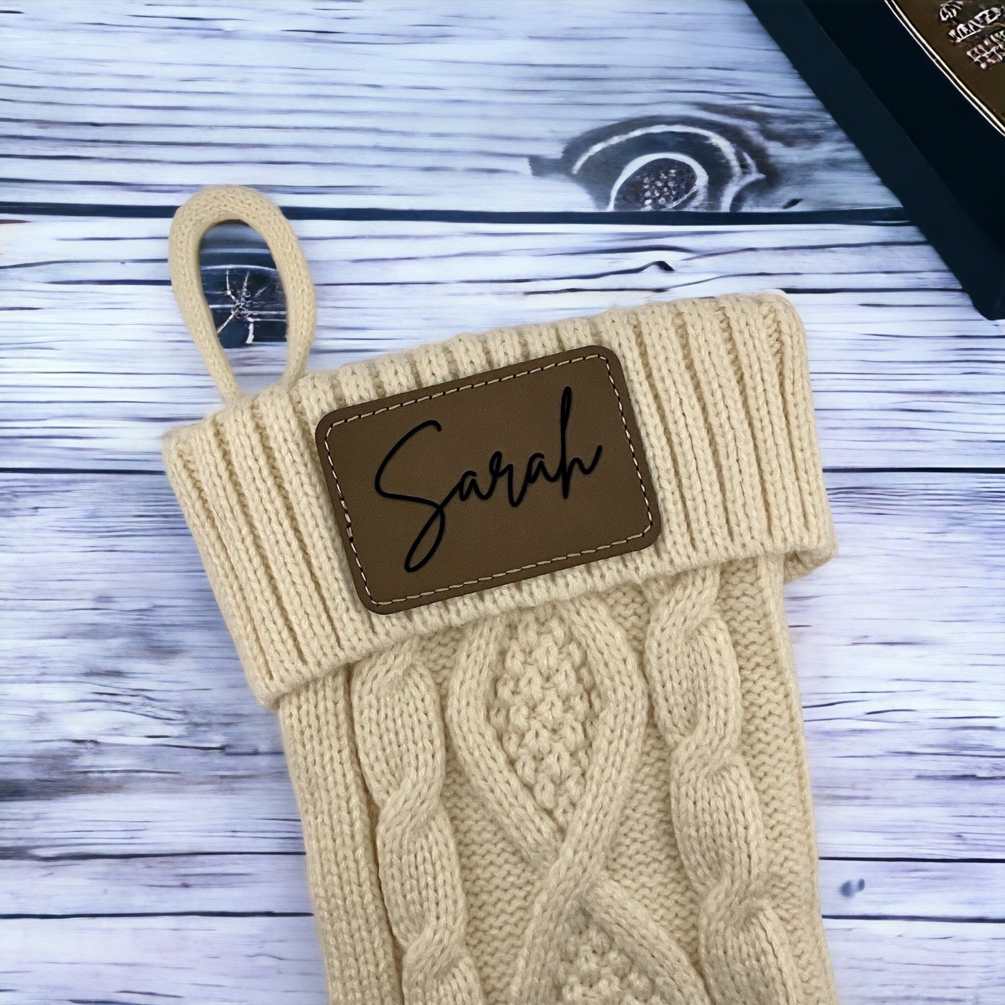 Personalized Knit Christmas Stocking: Engraved Leather Patch