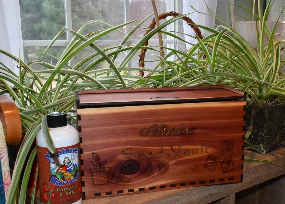 Personalized Cedar Seed Storage Box: Garden Organizer with Dividers
