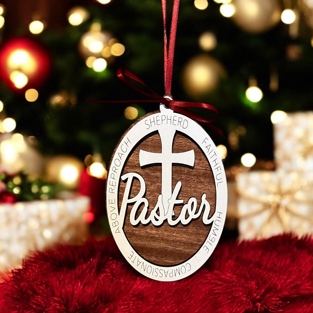 Engraved wooden Christian ornament for pastors and church staff