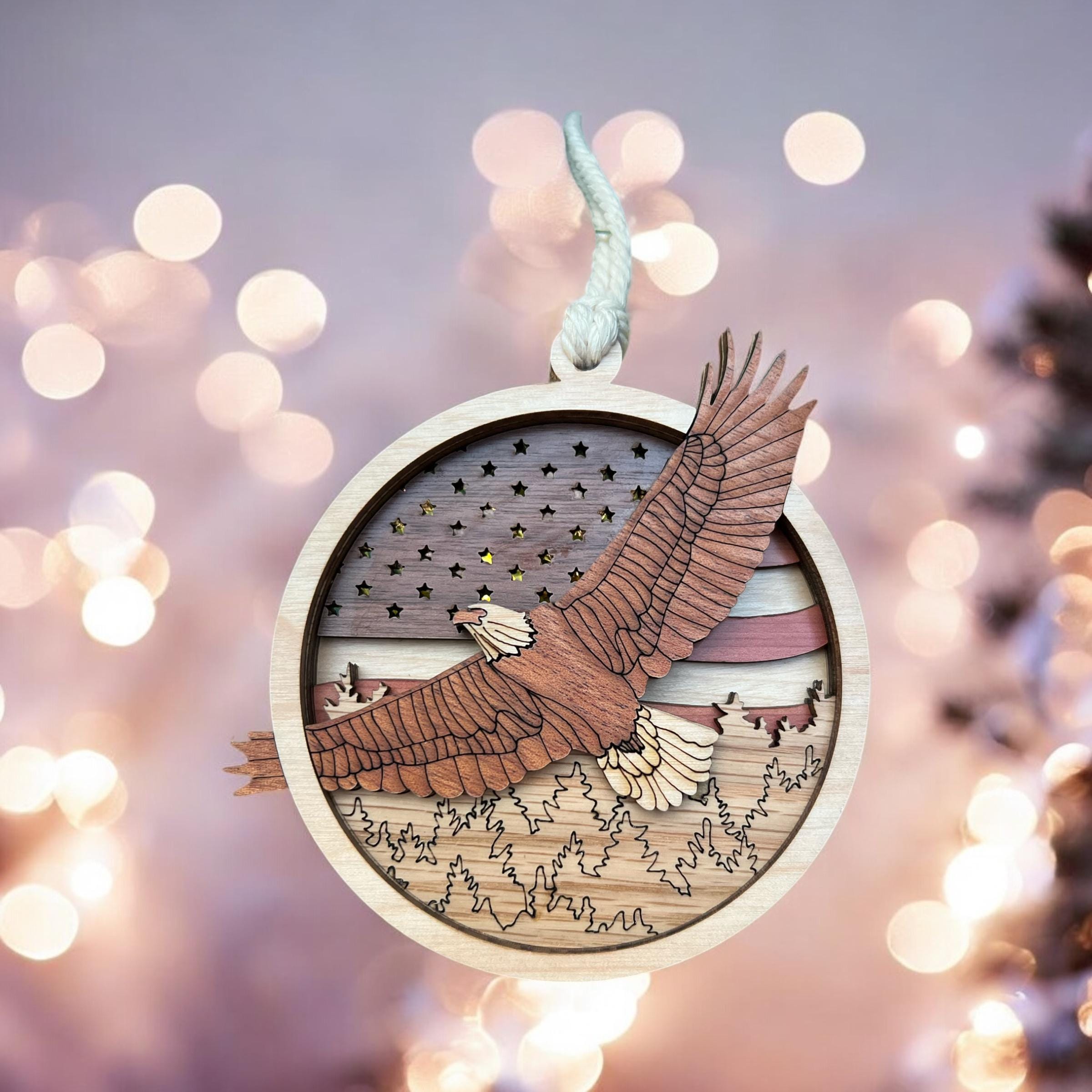 Layered wood patriotic eagle decoration close-up