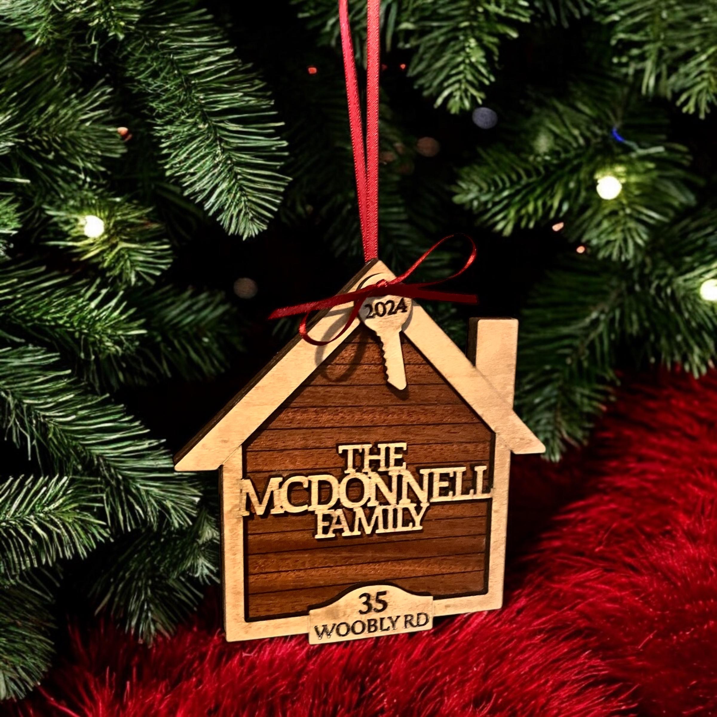 Personalized New Home Ornament – Custom Family Name and Address Wooden House Keepsake
