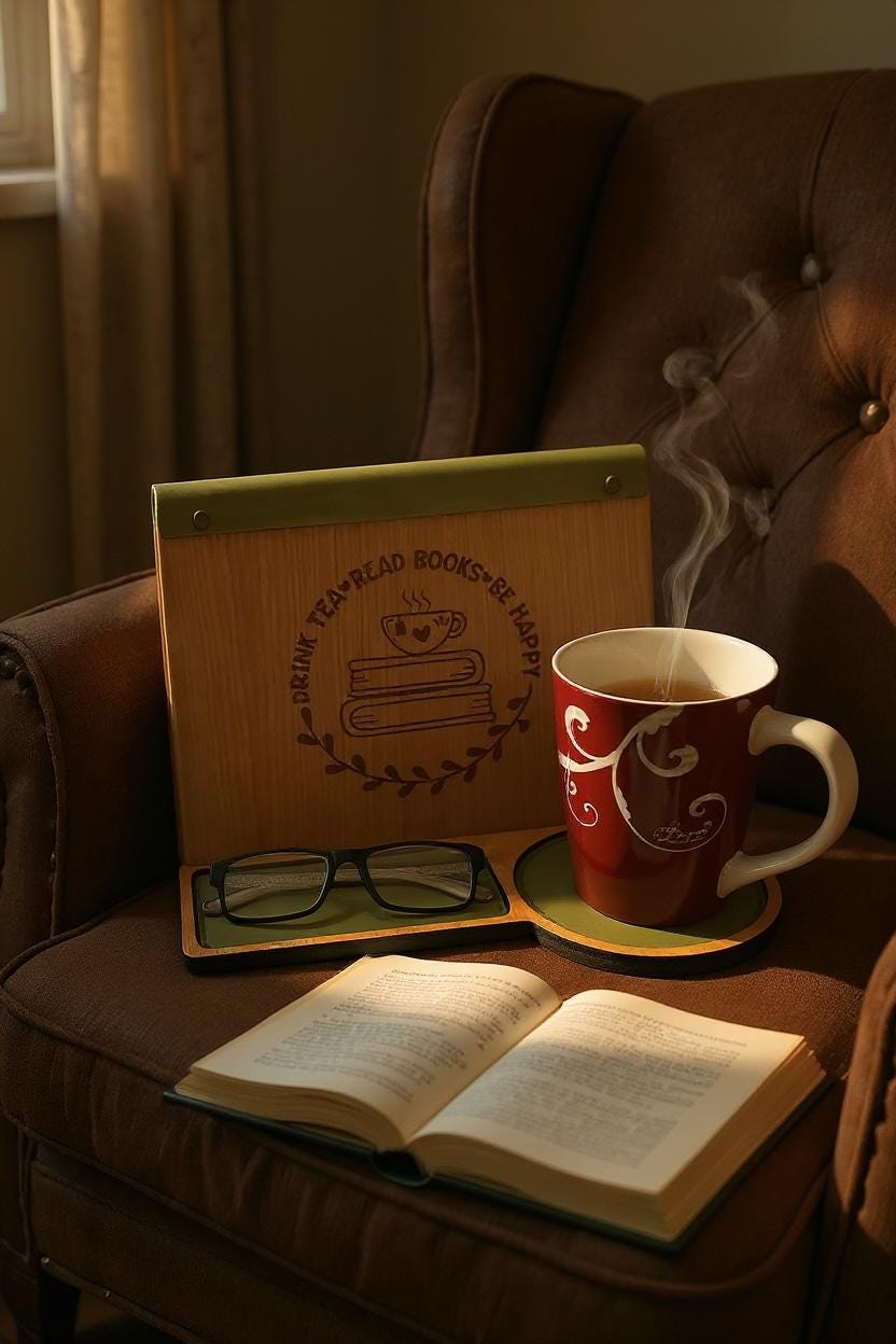 Cozy book nook setup with cherry wood book valet and steaming mug