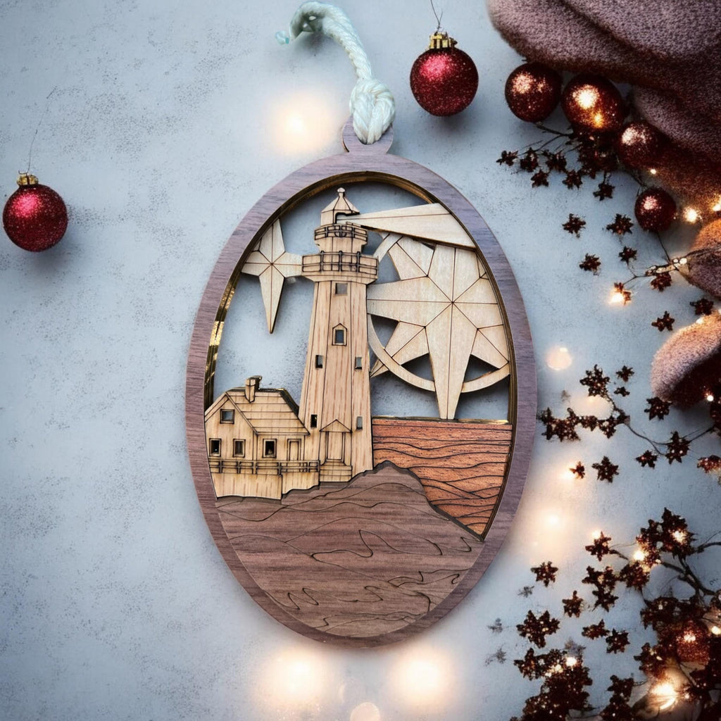 Nautical Christmas ornament with lighthouse and compass star design