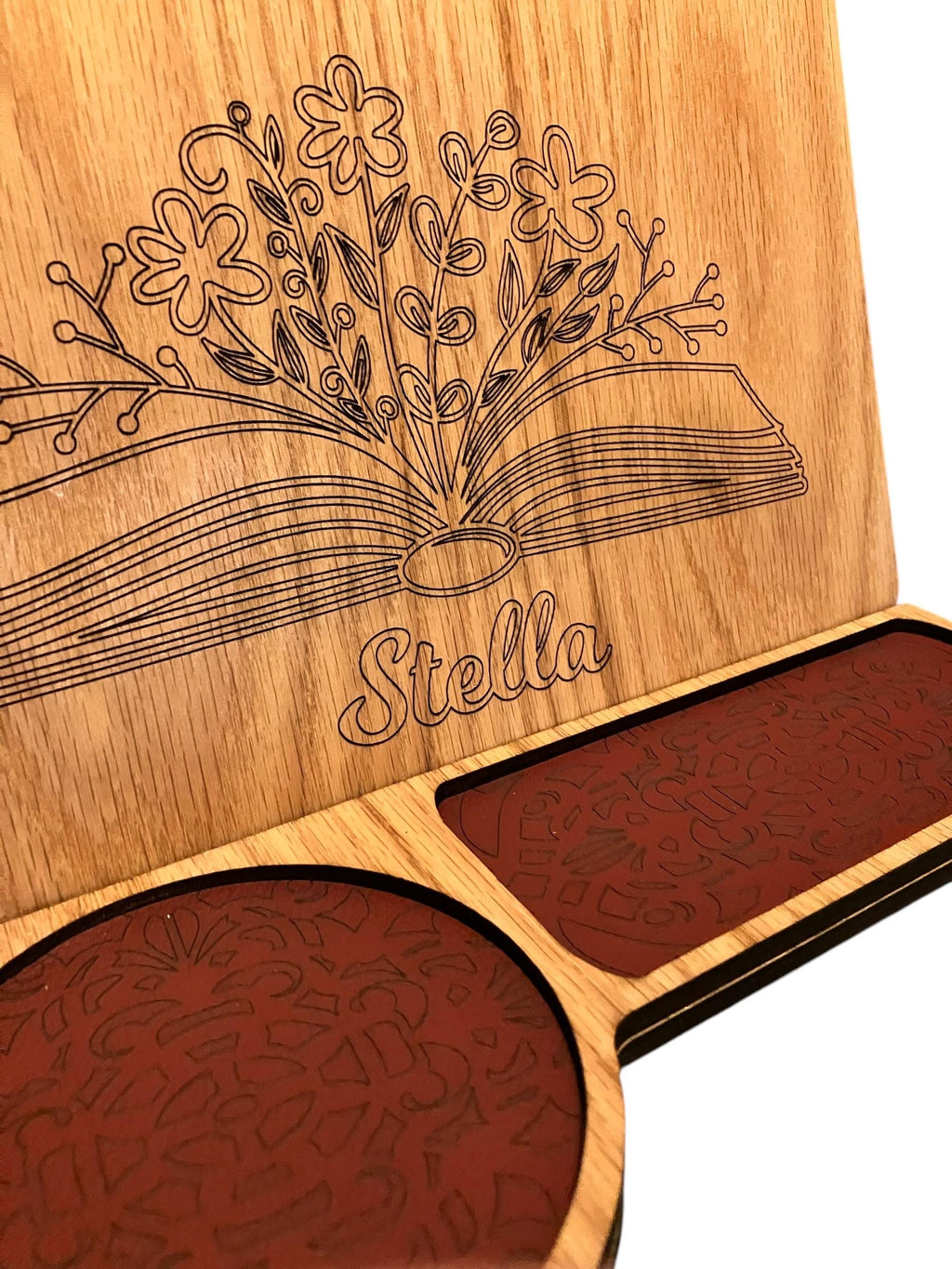 Handmade Personalized Book Stand engraved on Oak with leatherette accent