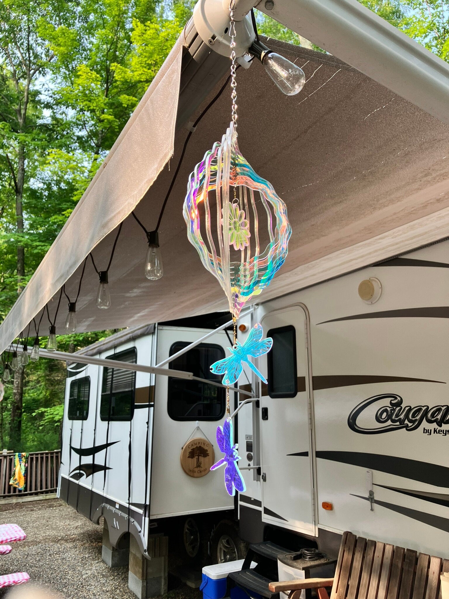 Iridescent Dragonfly Wind Spinner: Hanging Garden Decoration - Stitches and Wood