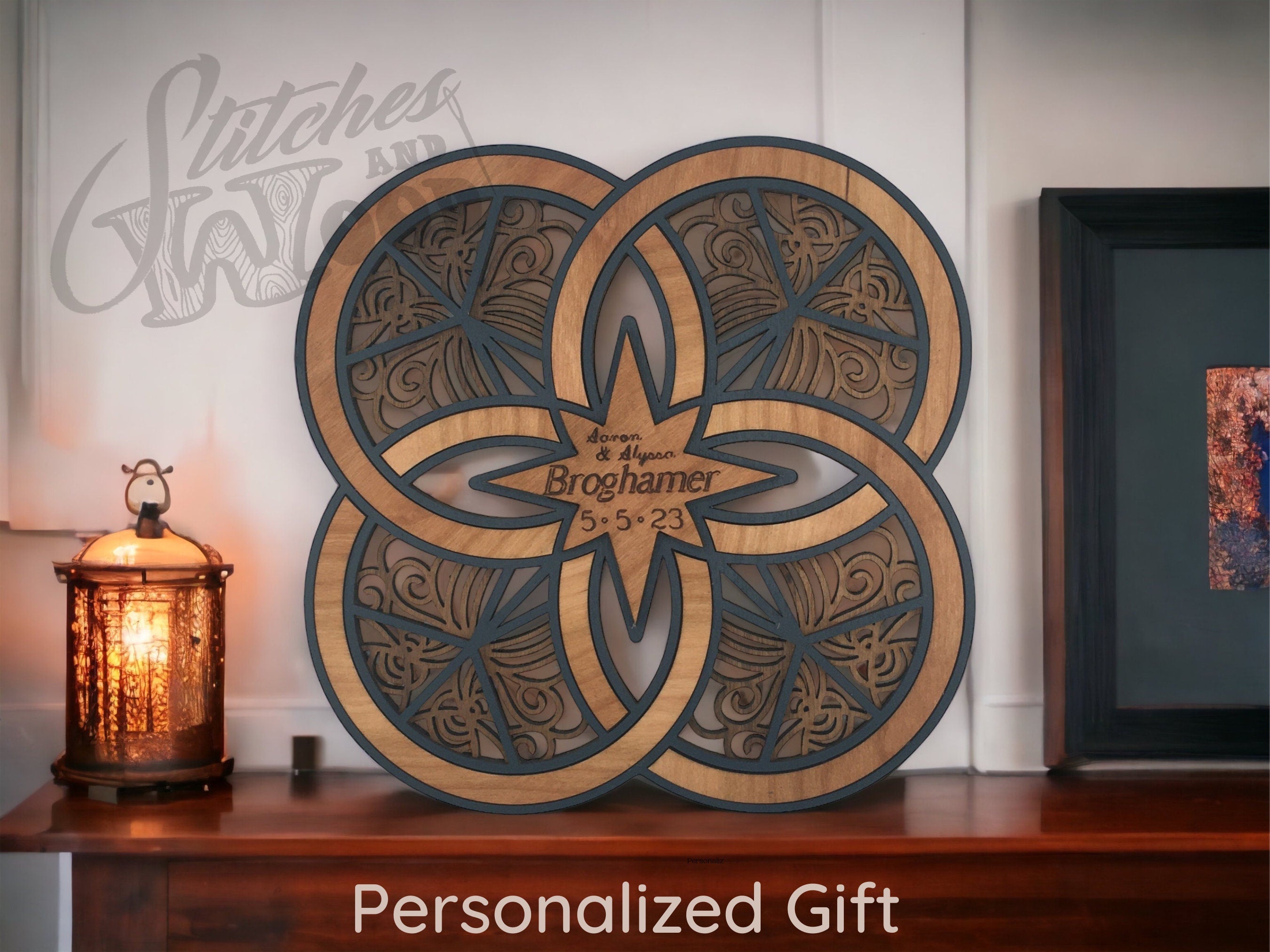 Personalized Double Wedding Ring Wall Art: Engraved Wood Newlywed Gift - Stitches and Wood