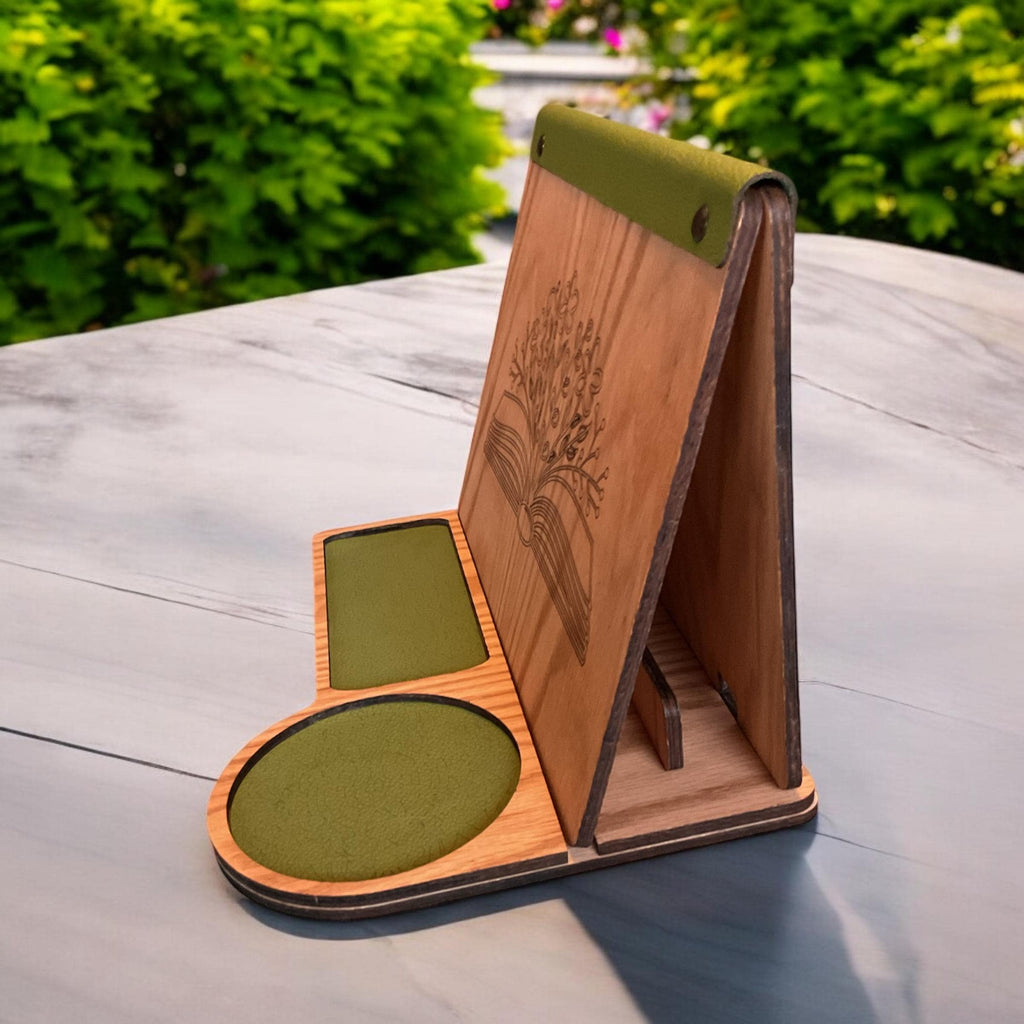 Handmade Personalized Book Stand engraved on Oak with leatherette accent