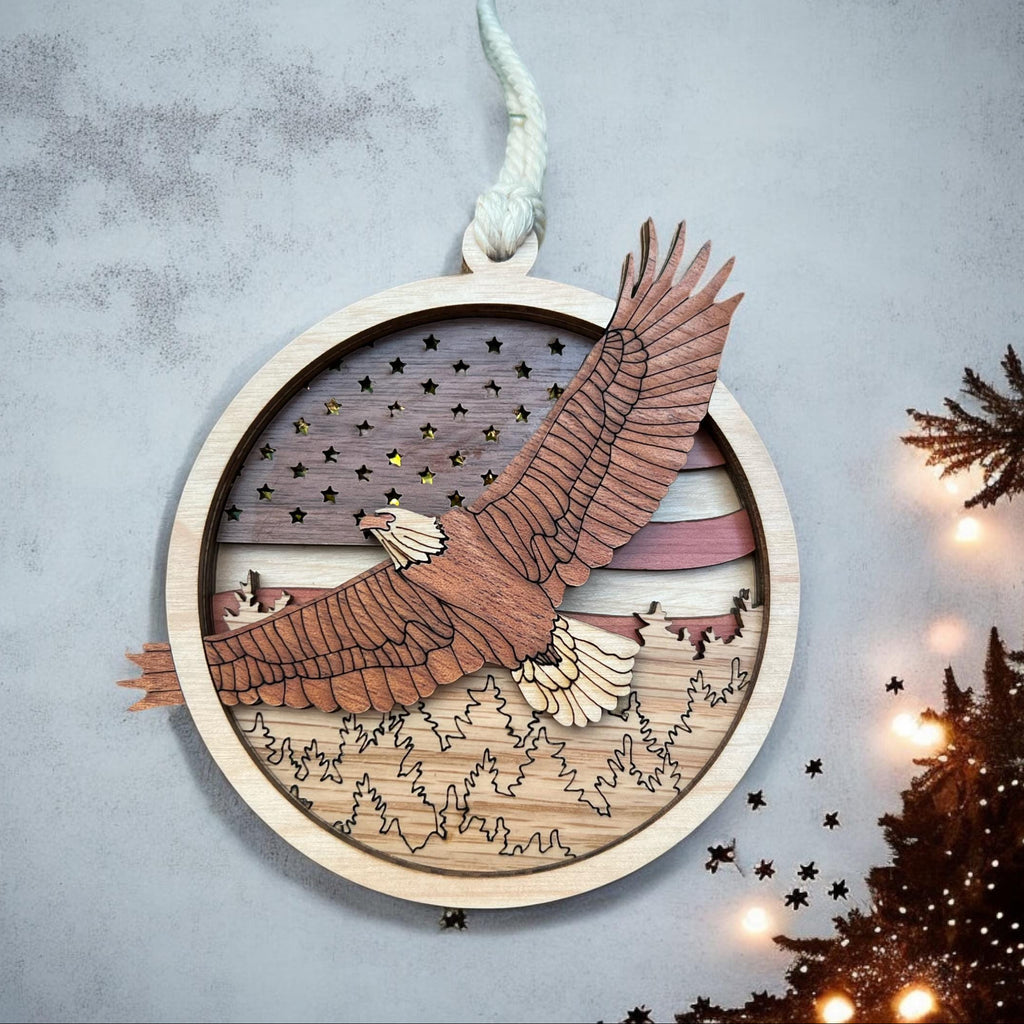 Wooden wall art with an eagle design on a gray background