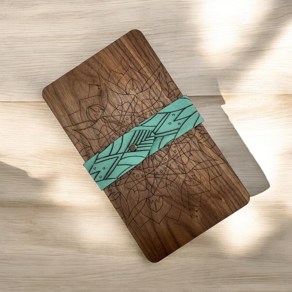 Folding wooden Mancala board with ocean glass playing pieces