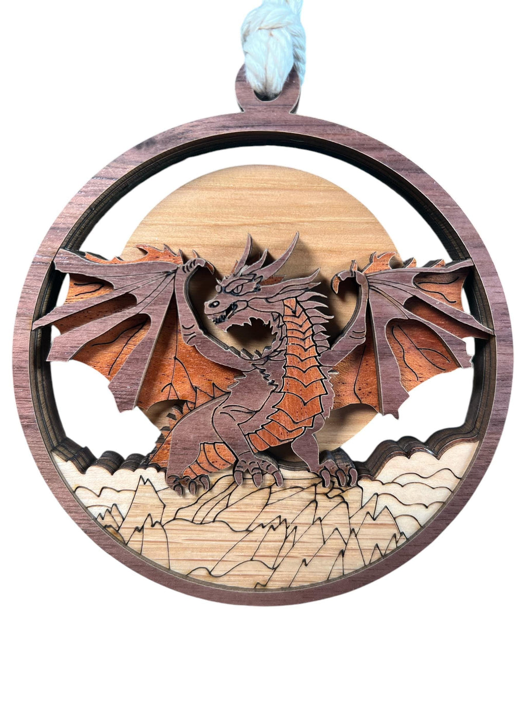 Laser-Cut Wooden Dragon Ornament – Layered Fantasy Christmas Décor for Dragon Lovers
