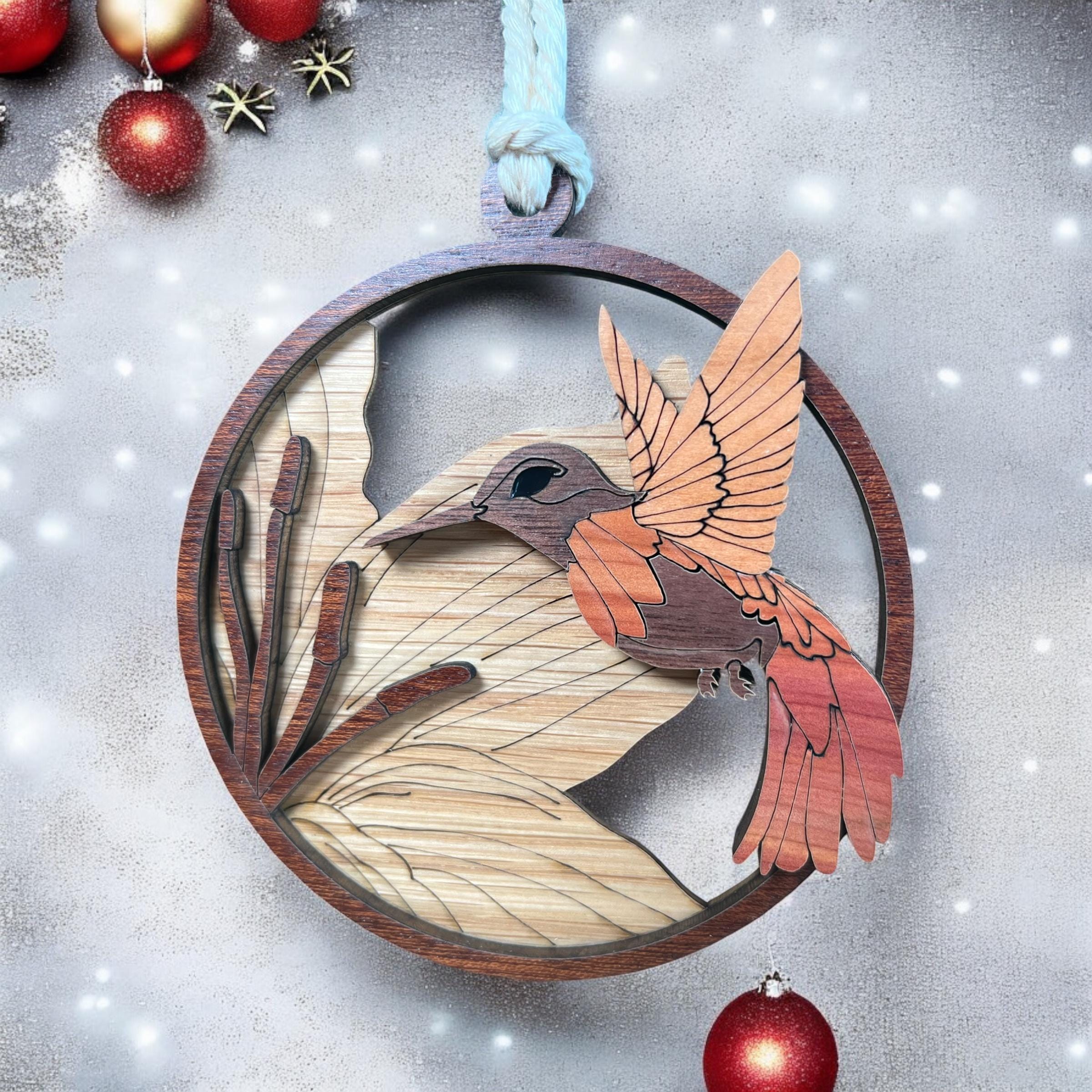 Handmade wood hummingbird ornament with floral detail
