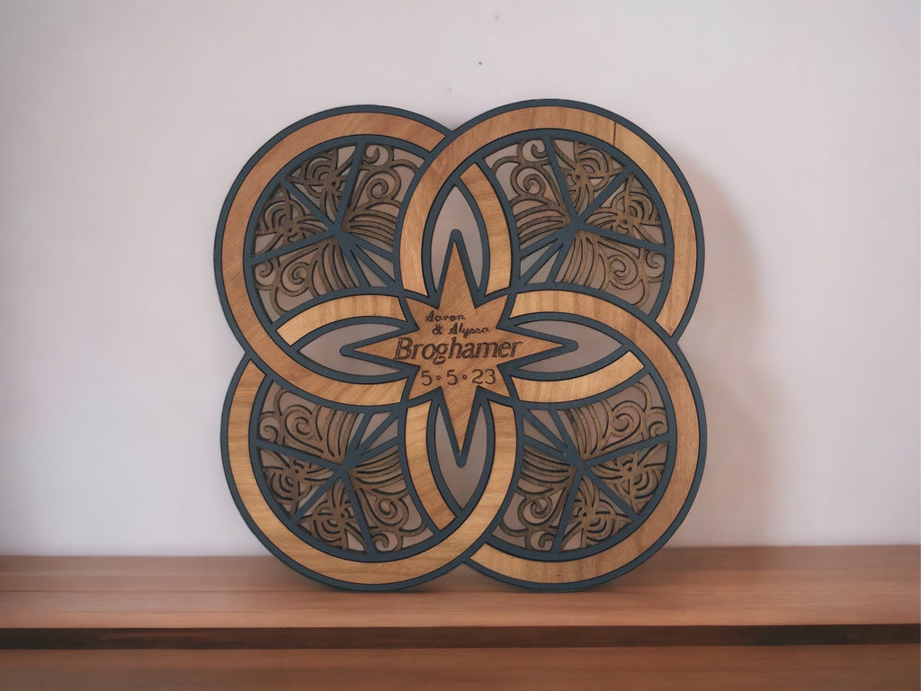Personalized Double Wedding Ring Wall Art: Engraved Wood Newlywed Gift - Stitches and Wood
